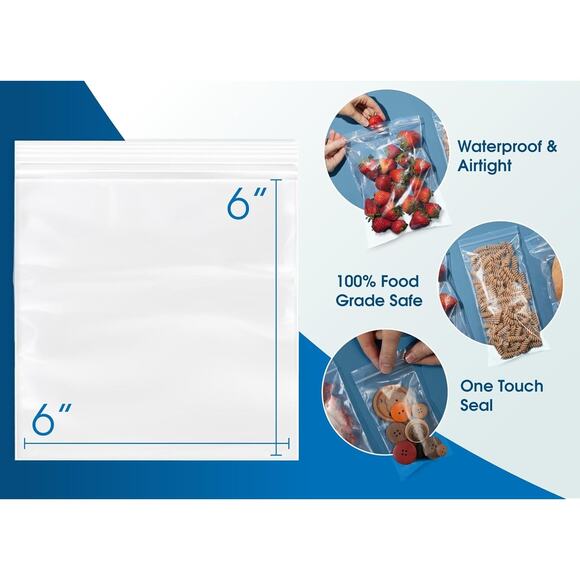 200 Clear 6x6" Reclosable Plastic Bags - FDA & USDA Approved, Resealable - Picture 2 of 2